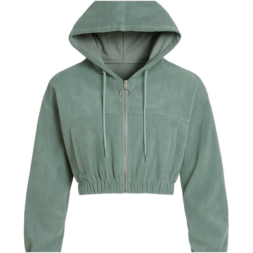 Shein Sage Green Cropped Corduroy Hoodie Jacket Zip Up Women’s Size Small